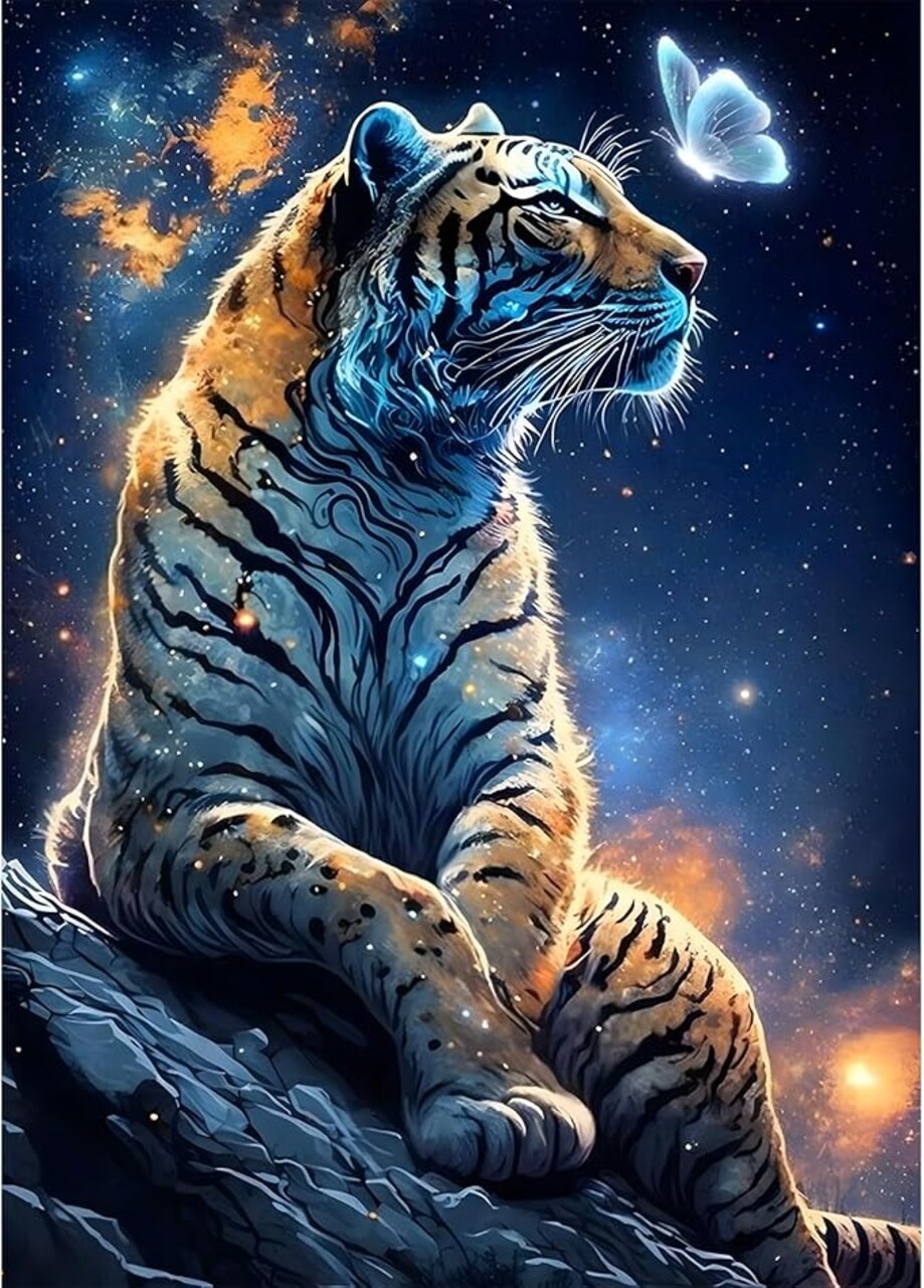 Tiger 5D Diamond Painting Kit for Adults – Full Drill Starry Sky DIY Gem Art, Beginner-Friendly 12x16 Inch (30x40cm) Wall Décor & Gift